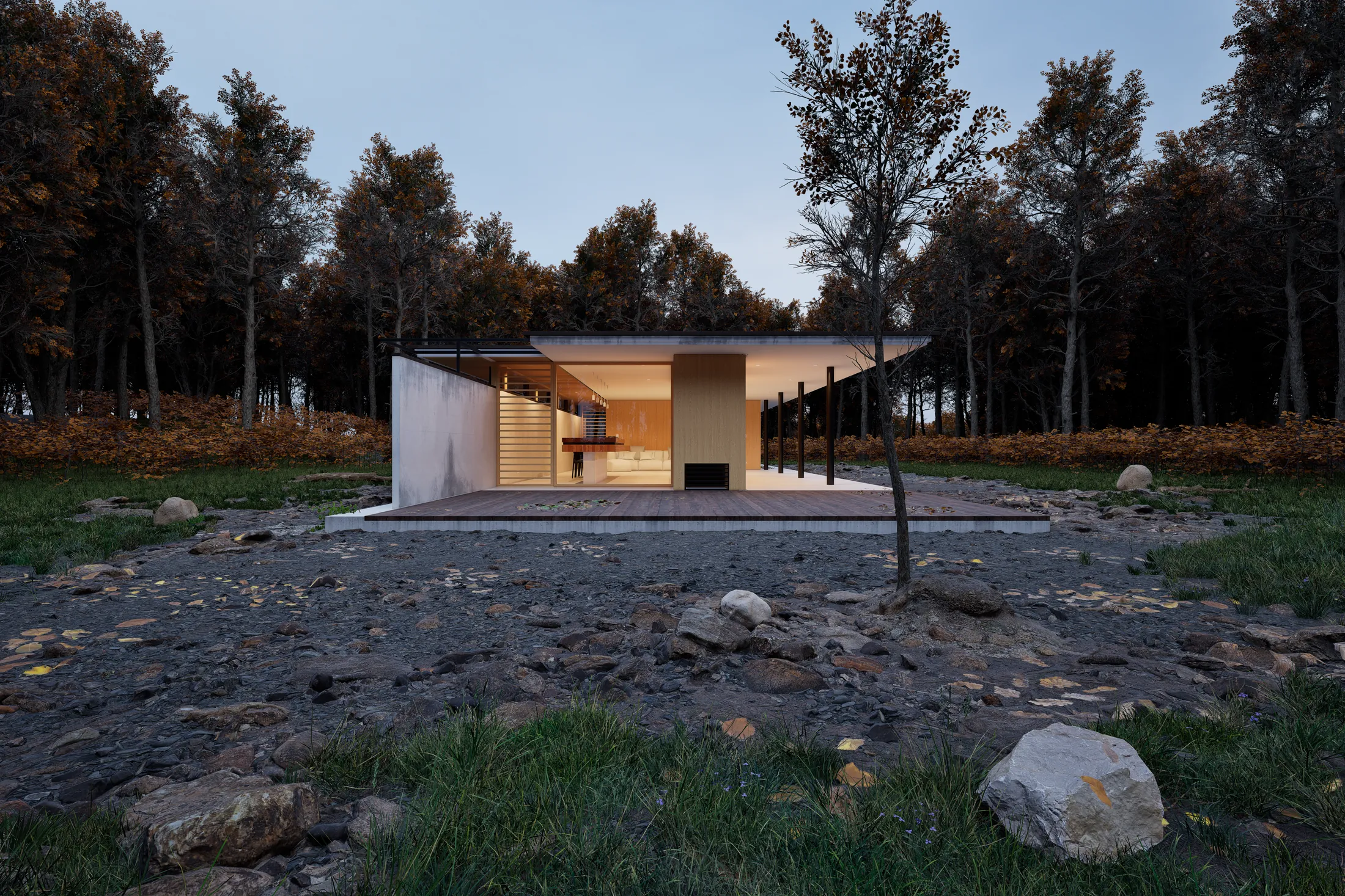 Wold Pavilion, a low modern house of concrete and glass among dense forest